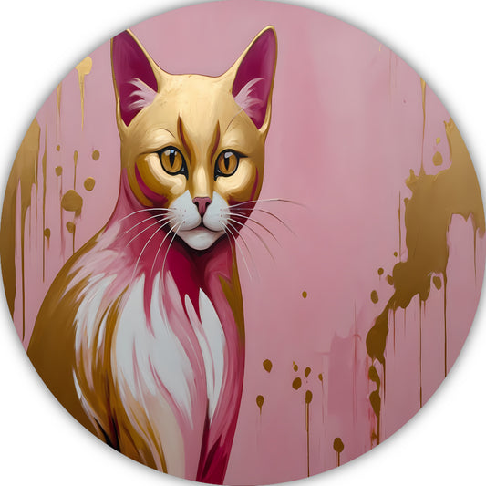 Gouden en roze moderne katportret aluminium muurcirkel