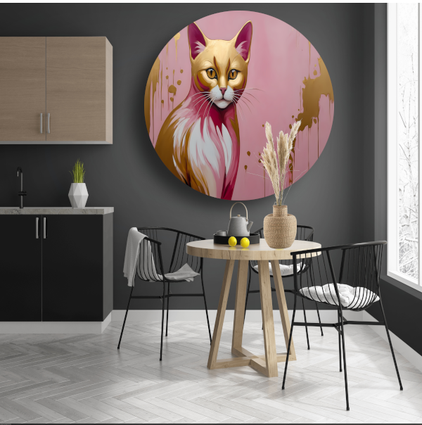 Gouden en roze moderne katportret aluminium muurcirkel