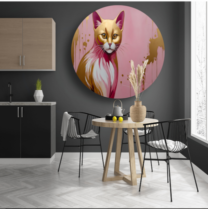 Gouden en roze moderne katportret aluminium muurcirkel