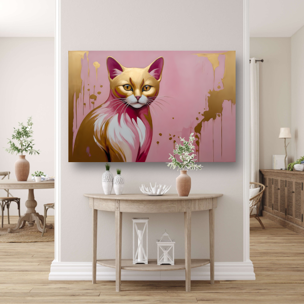 Gouden en roze moderne katportret canvas met baklijst