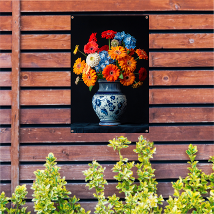 Levendige Bloemenpracht in Delfts Blauwe Vaas tuinposter