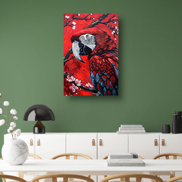 Surrealistische papegaai met bloesem op rode achtergrond canvas met baklijst