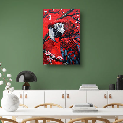 Surrealistische papegaai met bloesem op rode achtergrond canvas met baklijst