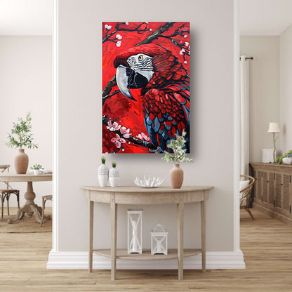 Surrealistische papegaai met bloesem op rode achtergrond canvas met baklijst