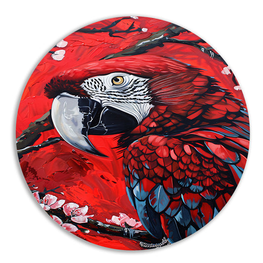 Surrealistische papegaai met bloesem op rode achtergrond aluminium muurcirkel
