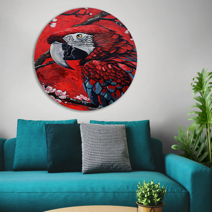 Surrealistische papegaai met bloesem op rode achtergrond aluminium muurcirkel
