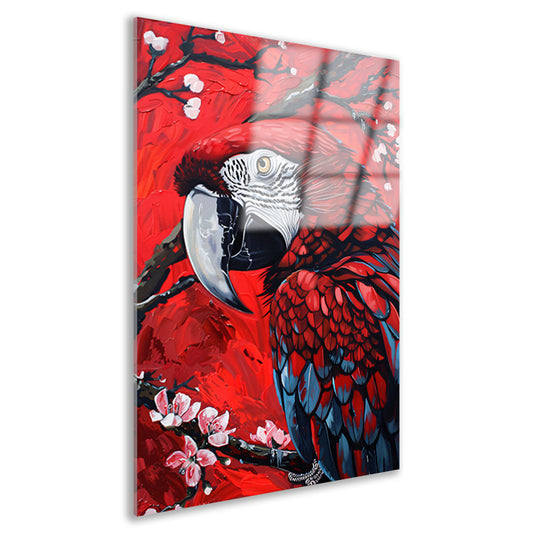 Surrealistische papegaai met bloesem op rode achtergrond acrylglas
