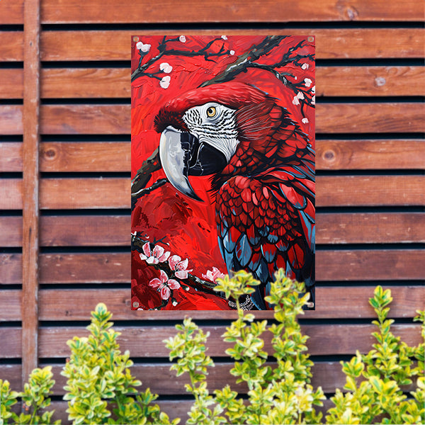 Surrealistische papegaai met bloesem op rode achtergrond tuinposter