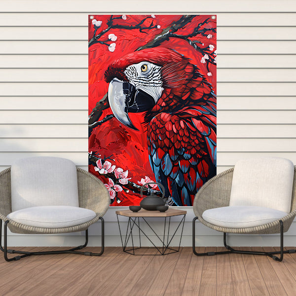 Surrealistische papegaai met bloesem op rode achtergrond tuinposter