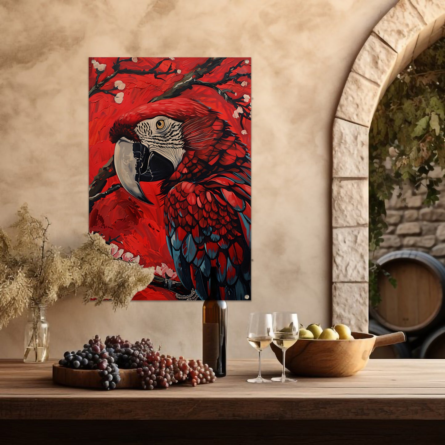 Surrealistische papegaai met bloesem op rode achtergrond tuinposter