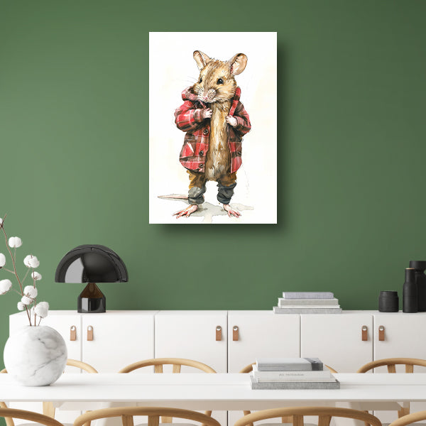 Aquarel  van muis in geruite jas canvas met baklijst