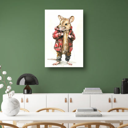 Aquarel  van muis in geruite jas canvas met baklijst