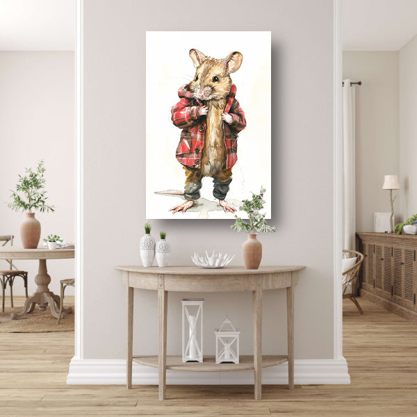 Aquarel  van muis in geruite jas canvas met baklijst