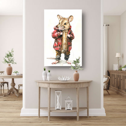 Aquarel  van muis in geruite jas canvas met baklijst