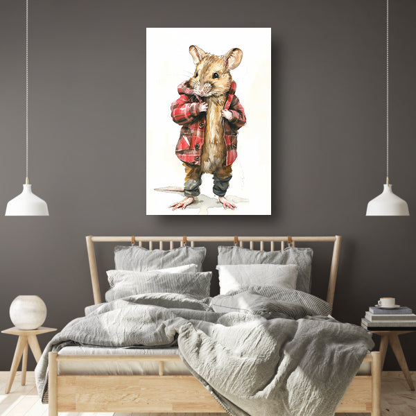 Aquarel  van muis in geruite jas canvas met baklijst
