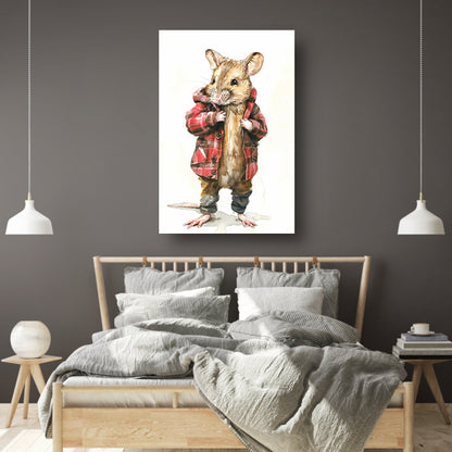 Aquarel  van muis in geruite jas canvas met baklijst