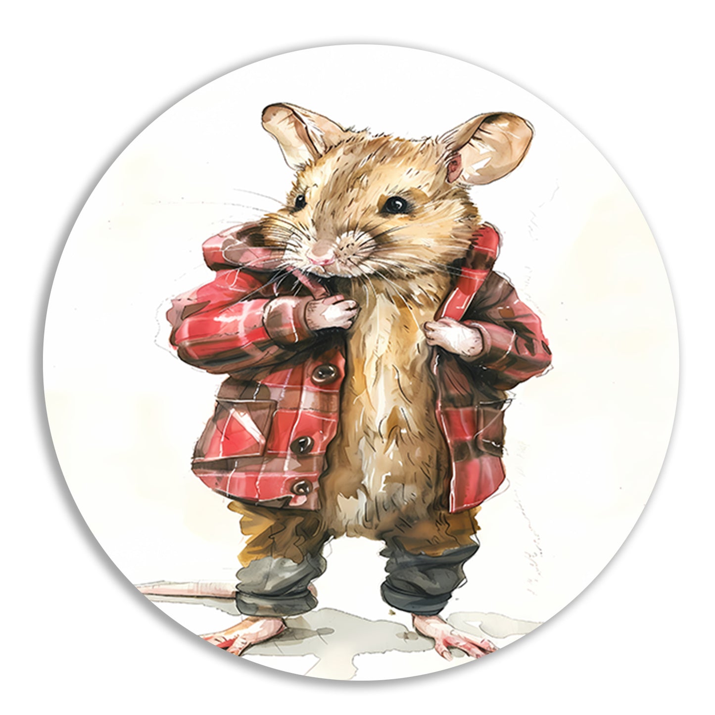 Aquarel  van muis in geruite jas aluminium muurcirkel