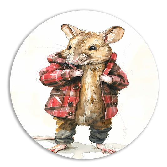 Aquarel  van muis in geruite jas aluminium muurcirkel