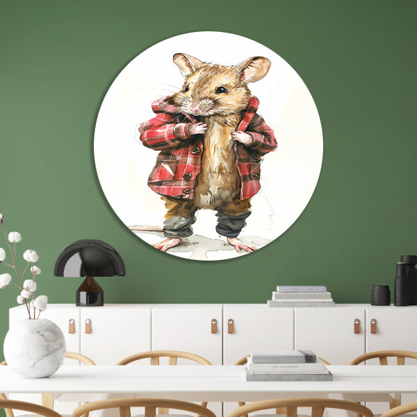 Aquarel  van muis in geruite jas aluminium muurcirkel