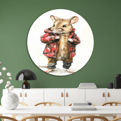Aquarel  van muis in geruite jas aluminium muurcirkel