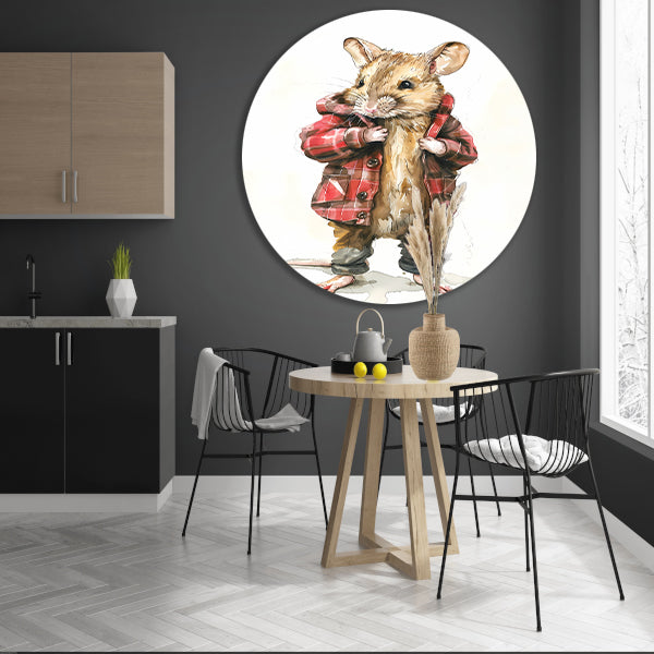 Aquarel  van muis in geruite jas aluminium muurcirkel