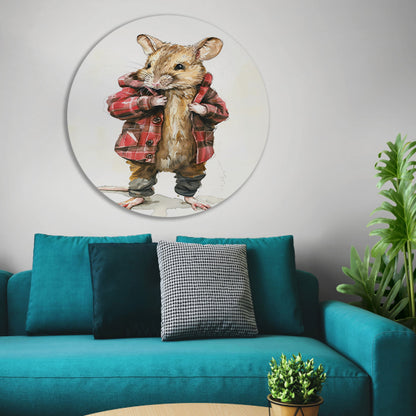 Aquarel  van muis in geruite jas aluminium muurcirkel