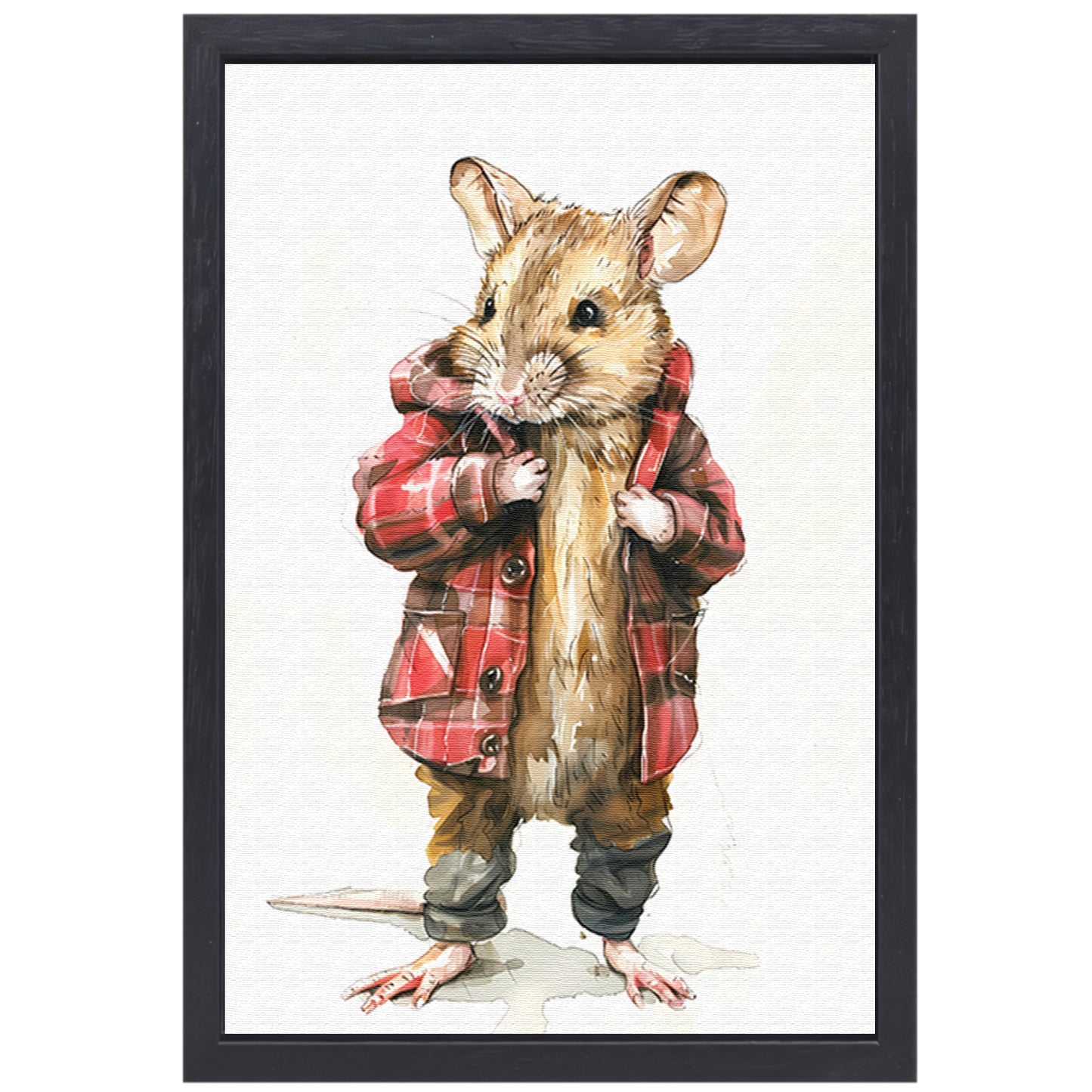 Aquarel  van muis in geruite jas canvas met baklijst