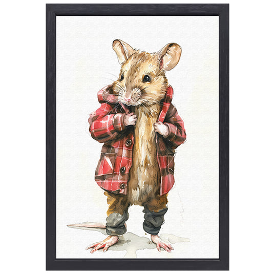 Aquarel  van muis in geruite jas canvas met baklijst