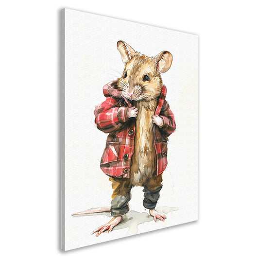 Aquarel  van muis in geruite jas canvas