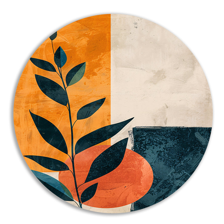 Abstract Plant met Oranje en Blauwe Vormen aluminium muurcirkel