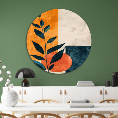Abstract Plant met Oranje en Blauwe Vormen aluminium muurcirkel