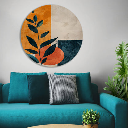 Abstract Plant met Oranje en Blauwe Vormen aluminium muurcirkel
