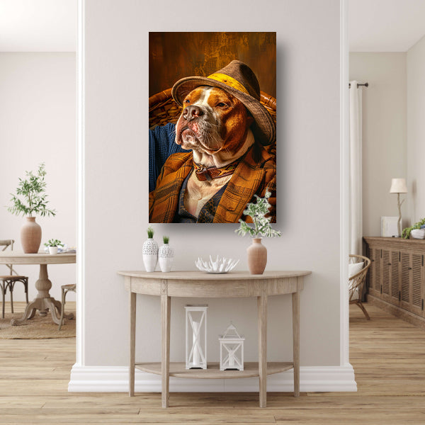 Pitbull in pak met hoed op stoel acrylglas