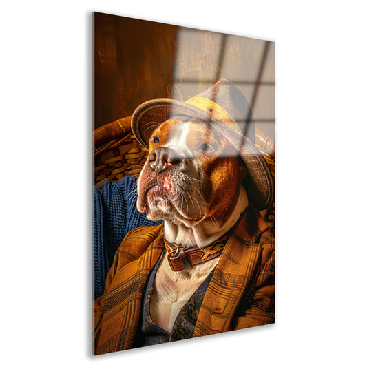 Pitbull in pak met hoed op stoel acrylglas