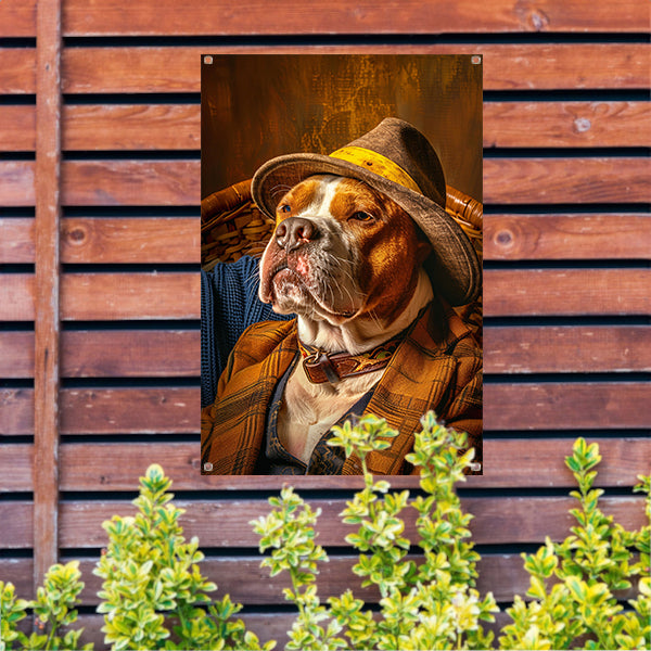 Pitbull in pak met hoed op stoel tuinposter