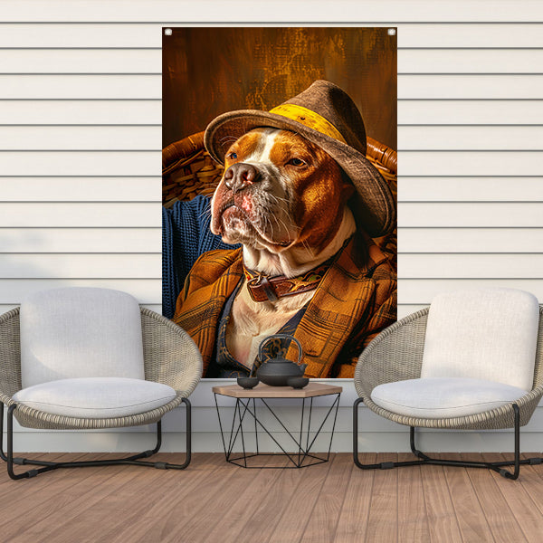 Pitbull in pak met hoed op stoel tuinposter