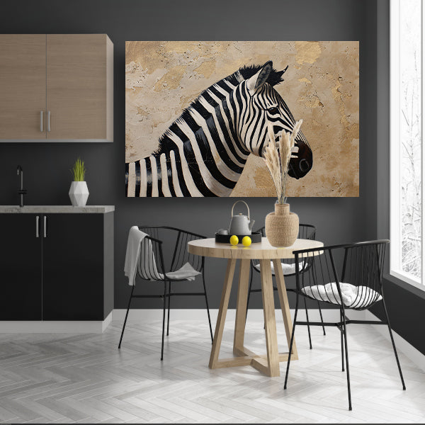 Gedetailleerd zebra schilderij met beige achtergrond canvas met baklijst