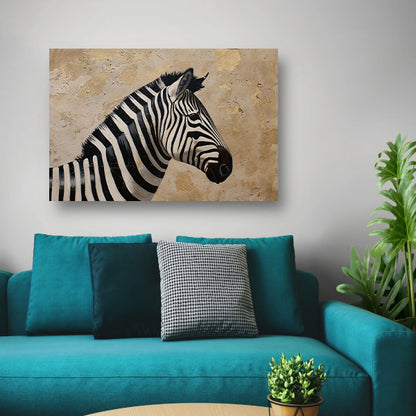 Gedetailleerd zebra schilderij met beige achtergrond canvas met baklijst