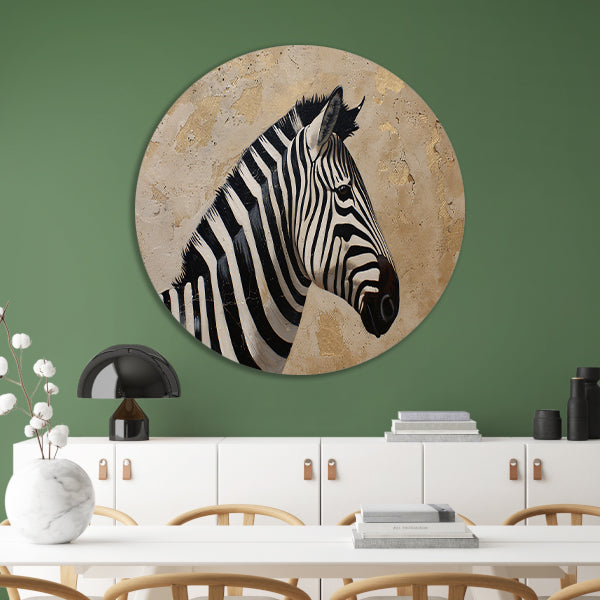 Gedetailleerd zebra schilderij met beige achtergrond aluminium muurcirkel