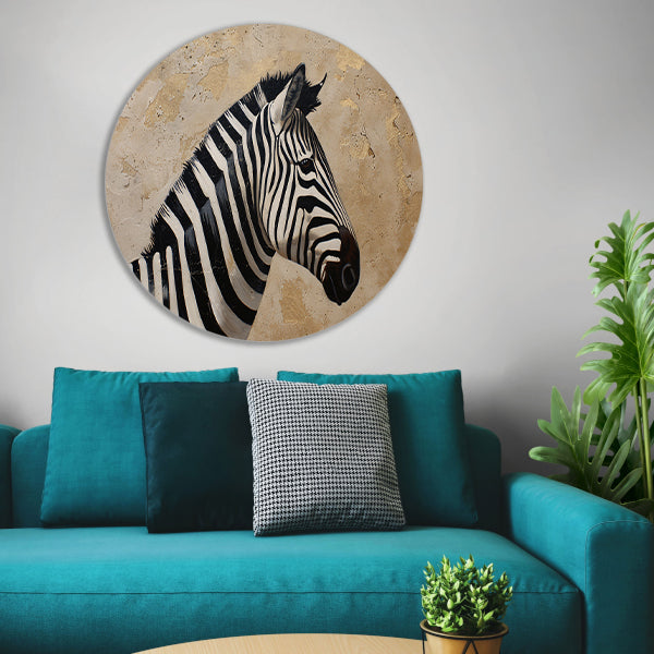 Gedetailleerd zebra schilderij met beige achtergrond aluminium muurcirkel