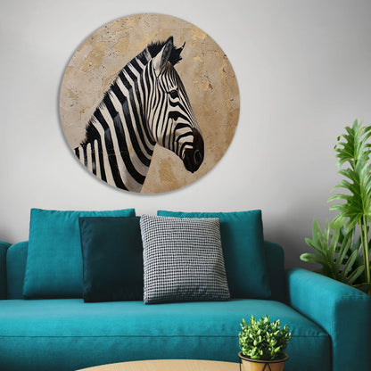 Gedetailleerd zebra schilderij met beige achtergrond aluminium muurcirkel