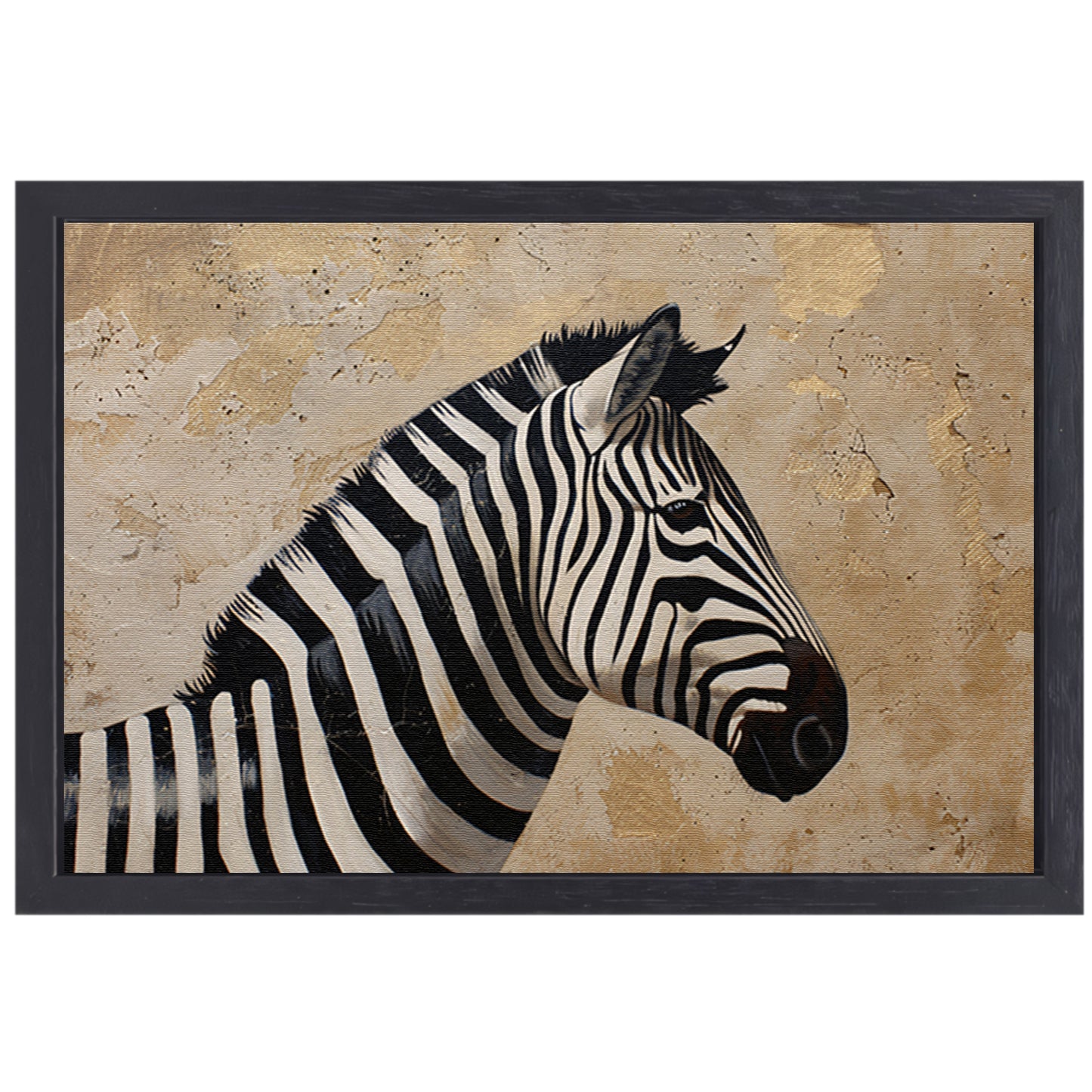 Gedetailleerd zebra schilderij met beige achtergrond canvas met baklijst