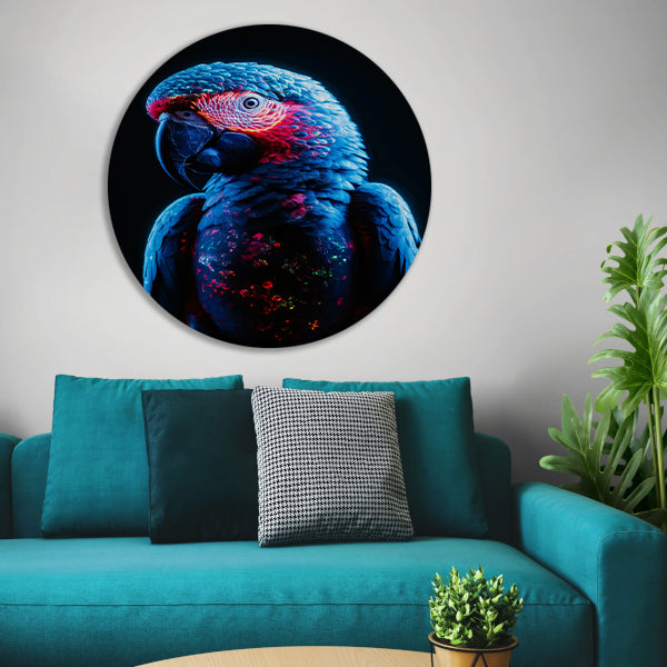 Futuristische Neon Papegaai met Licht Effecten aluminium muurcirkel