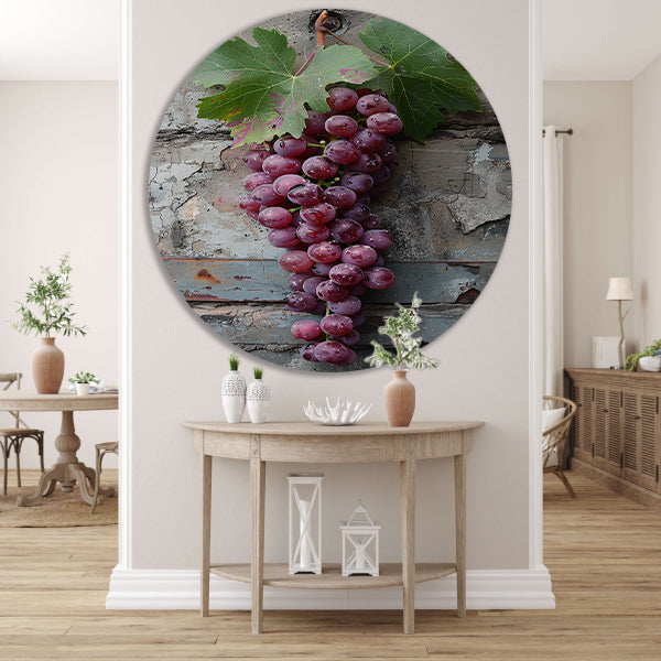 Rijpe Druiven met Blad in Herfstlicht aluminium muurcirkel