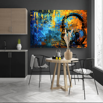 Kleurrijke koptelefoon met abstracte achtergrond   acrylglas