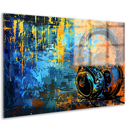 Kleurrijke koptelefoon met abstracte achtergrond   acrylglas