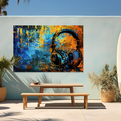 Kleurrijke koptelefoon met abstracte achtergrond   tuinposter