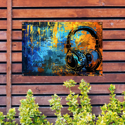 Kleurrijke koptelefoon met abstracte achtergrond   tuinposter