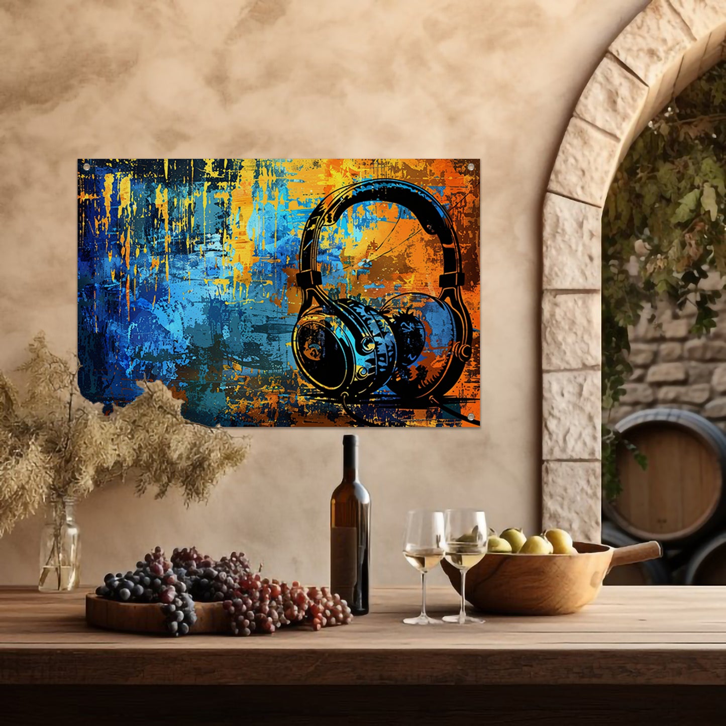 Kleurrijke koptelefoon met abstracte achtergrond   tuinposter