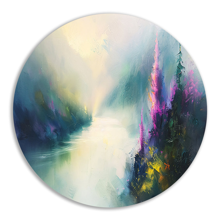Abstract landschap met kleurrijke bloemen aluminium muurcirkel
